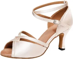YKXLM Latin Ballroom Dance Shoes for Women Practice Dance Heels Performance Party Dance Shoes Peep-Toe, Beige-8 Heel-4.5 US